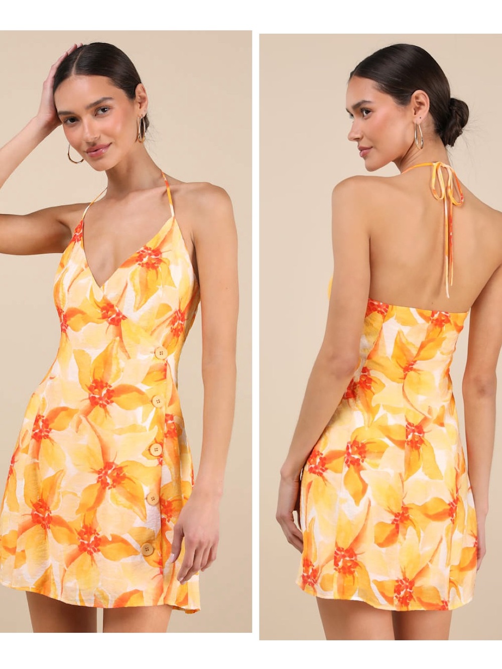 Lulus Prue Orange Floral Halter Mini Dress Size large Sleeveless V Neck Vacation